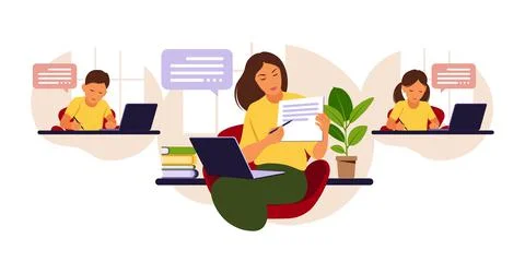 Online learning concept. Online class. Woman teacher at chalkboard, video les Illustrazione stock