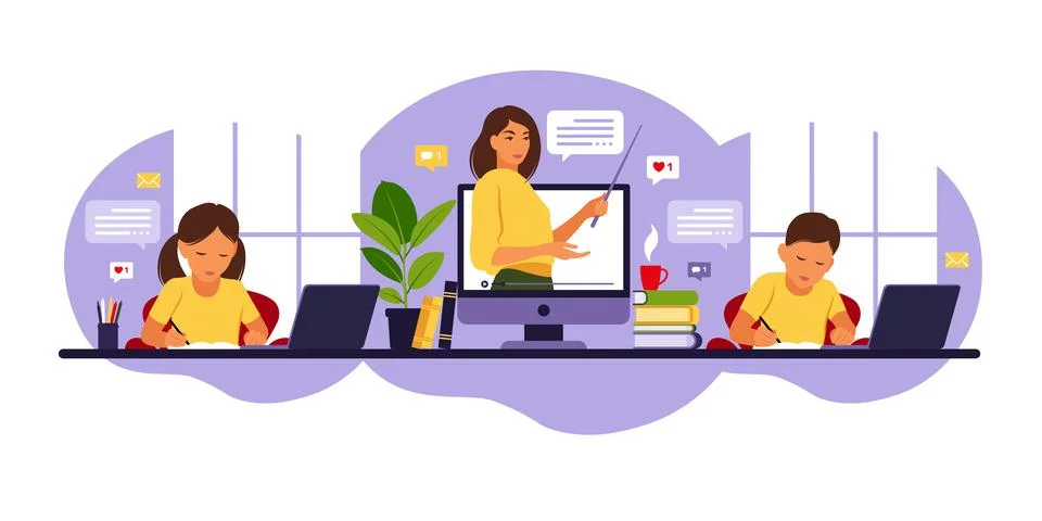Online learning concept. Online class. Woman teacher at chalkboard, video les イラスト素材