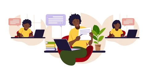 Online learning concept. Online class. African teacher at chalkboard, video l Stockillustratie