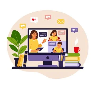 Online learning concept. Online class. Teacher at chalkboard, video lesson. D Illustrazione stock