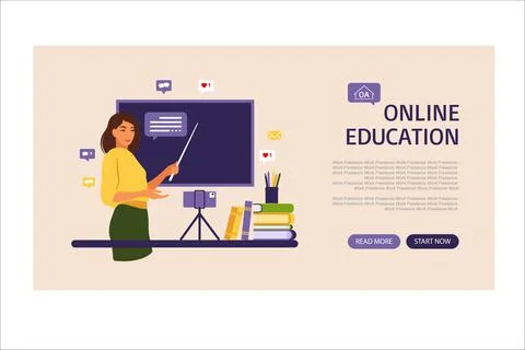 Online learning concept. Online education landing page. Teacher at chalkboard Illustrazione stock