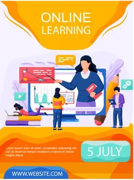 Online learning concept poster. Education website banner. People during online Stock Illustration