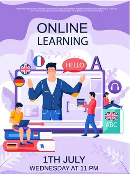 Online learning concept poster. Students during online English lesson. Education Stock Illustration