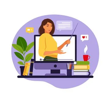 Online learning concept. Teacher at chalkboard, video lesson. Distance study  Illustrazione stock