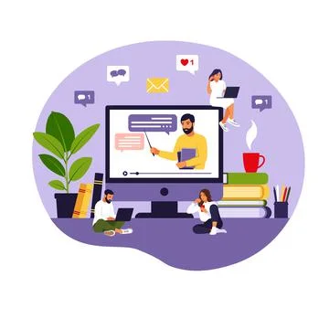 Online learning concept. Teacher at chalkboard, video lesson. Distance study  Illustrazione stock