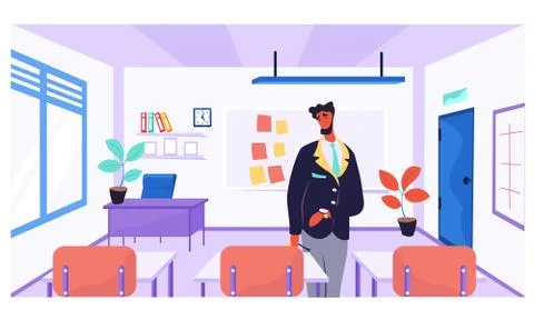 Online learning concept. Teacher in class room near the desk. Man conducts Stock Illustration