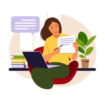 Online learning concept. Teacher with lesson book behind laptop, video lesson Stock Illustration