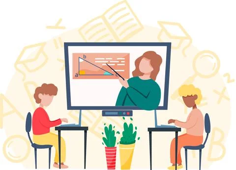 Online learning concept, teacher of math at computer screen and pupil sitting at Illustrazione stock