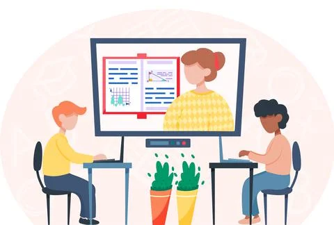 Online learning concept, teacher of math at computer screen and pupil sitting at Illustrazione stock