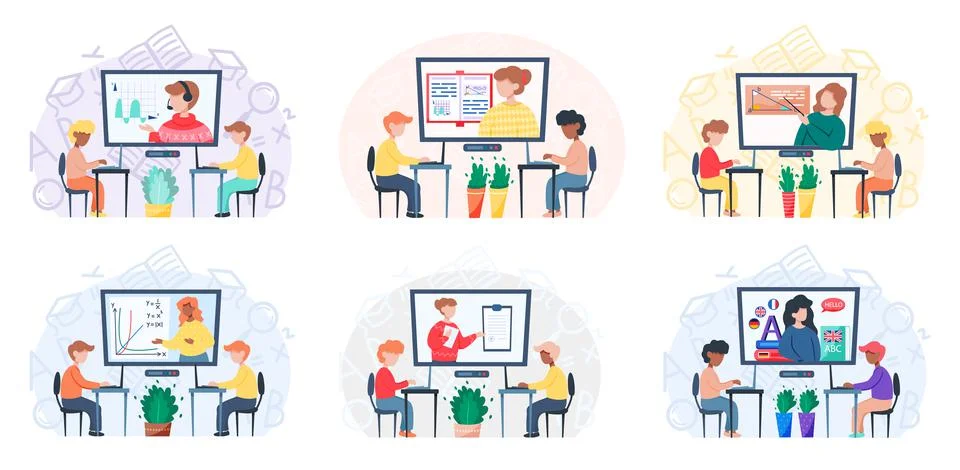 Online learning concept, teacher of math at computer screen and pupil sitting at Stock Illustration