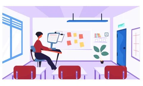 Online learning concept. Teacher at the table in empty class. Woman conducts Stock Illustration