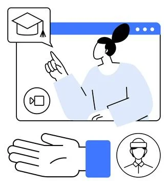 Online Learning Concept with Tutor, Video Call, Graduating Cap, and Helping.. Stock Illustration