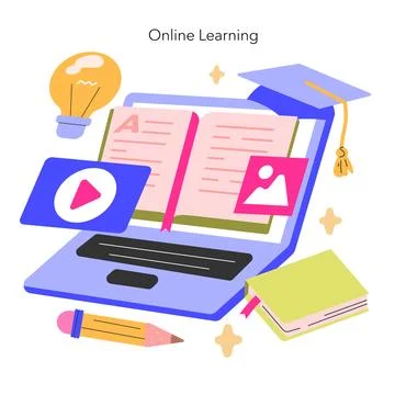 Online Learning concept A vibrant display of e-learning tools, from laptops to e イラスト素材