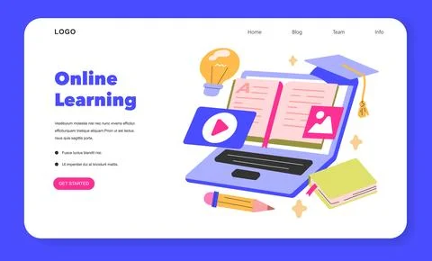 Online Learning concept A vibrant display of e-learning tools, from laptops to e Stock Illustration