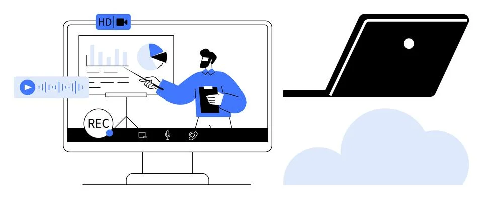 Online learning, data sharing, cloud storage, business training, webinar host イラスト素材