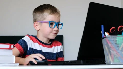 Online learning, distance lesson, education at home. Cute Boy in glasses doing Stock Footage 157096357