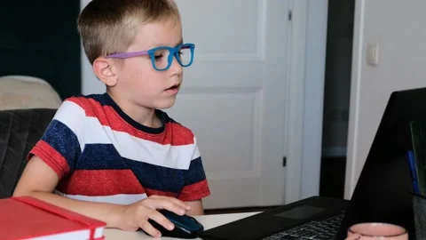 Online learning, distance lesson, education at home. Cute Boy in glasses doing Stock Footage 170408756