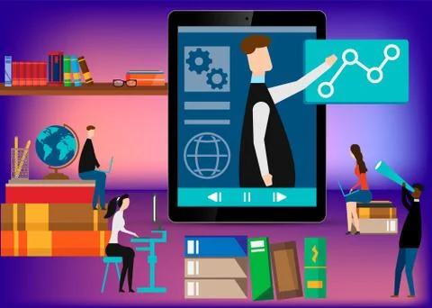 Online learning. E-learning webinar presentation concept. teacher businessman Illustrazione stock