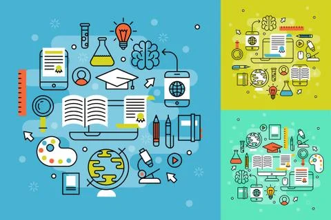 Online learning flat design distant education video tutorials staff training Stock Illustration