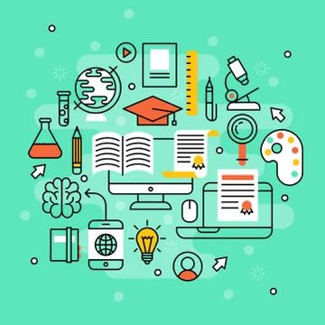 Online learning flat design distant education video tutorials staff training Stock Illustration