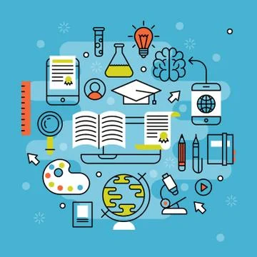 Online learning flat design distant education video tutorials staff training Stock Illustration