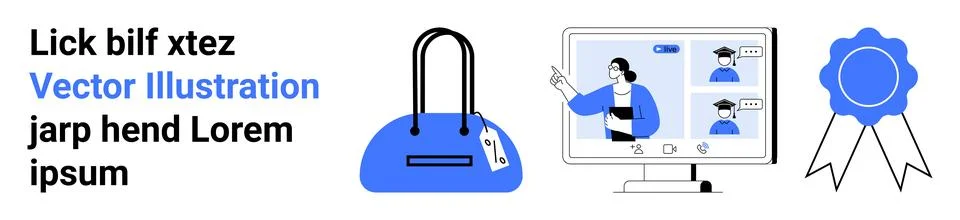 Online Learning Graduation Concept with Computer Screen, Handbag, and Certi.. Stock Illustration