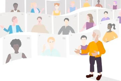 Online learning, a group of students remotely listening to the Professor, remote Stock Illustration