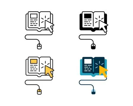 Online Learning icon with mouse and book vector design in 4 style line, gly.. Stockillustratie