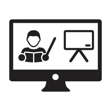 Online learning icon vector teacher symbol with computer monitor and whiteboad Stock Illustration