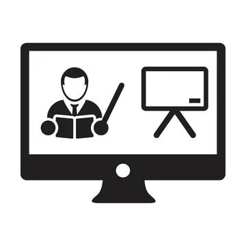 Online learning icon vector teacher symbol with computer monitor and whiteboad Stock Illustration