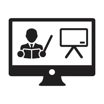 Online learning icon vector teacher symbol with computer monitor and whiteboad Stock Illustration