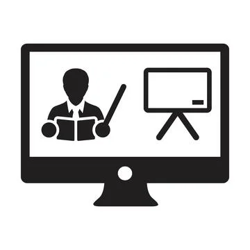 Online learning icon vector teacher symbol with computer monitor and whiteboad Stock Illustration
