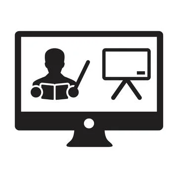 Online learning icon vector teacher symbol with computer monitor and whiteboad Stock Illustration