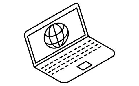 Online learning laptop with globe icon on monitor isometric simple line ico.. Stock Illustration