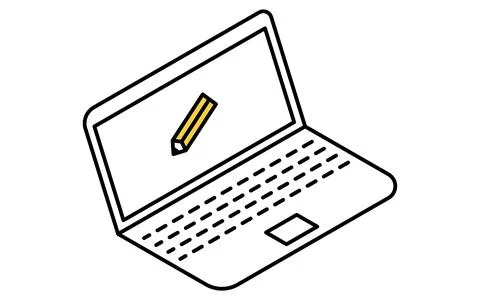 Online learning laptop with pencil screen isometric simple line icon Stock Illustration