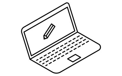 Online learning laptop with pencil screen isometric simple line icon, black.. Stock Illustration