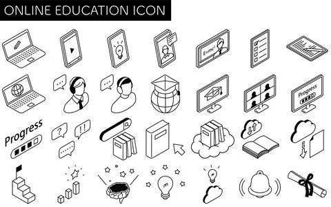 Online learning laptop with pencil screen isometric simple line icon, black.. Stock Illustration