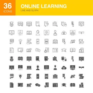 Online Learning Line Web Glyph Icons Stockillustratie