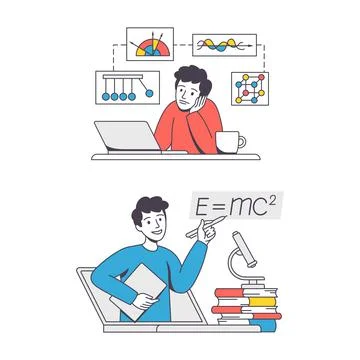 Online Learning with Man Student and Teacher Engaged in Virtual Classes Outline Illustrazione stock