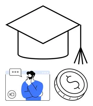 Online Learning Man in Virtual Class, Graduation Cap, and Dollar Coin Signi.. Stock Illustration