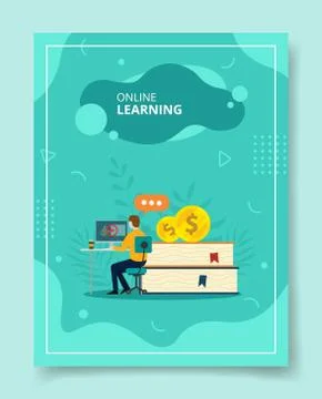 Online learning men watching video on laptop near giant stack book template of Stock Illustration