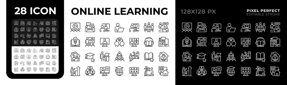 Online learning pixel perfect black and white line icons set Stock Illustration