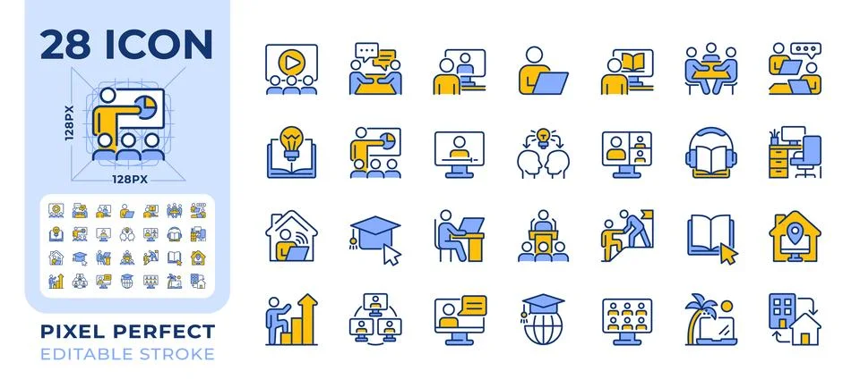 Online learning pixel perfect line color icons set Stock-Illustration