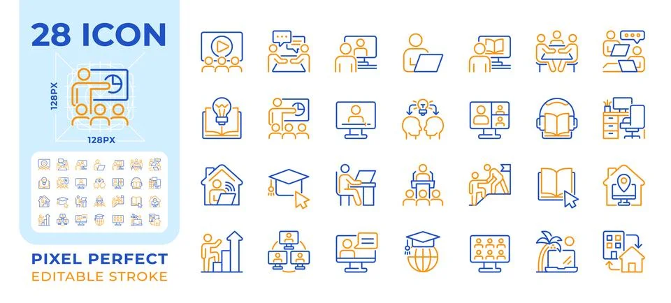 Online learning pixel perfect two color line icons set Stock Illustration