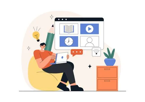 Online Learning Platform Illustration Featuring E-Learning Courses, Distanc.. 스톡 일러스트