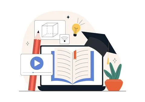 Online Learning Platform Illustration Featuring E-Learning Courses, Distanc.. 스톡 일러스트