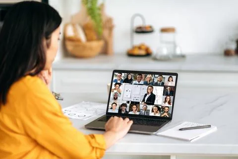 Online learning, professional development. Asian girl, sits at home, listening Stock Photos
