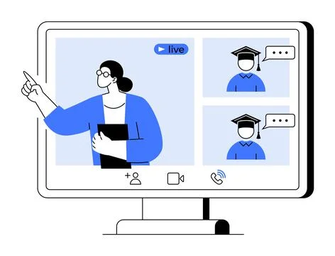 Online Learning Session with Teacher and Two Students on Computer Screen Stock Illustration