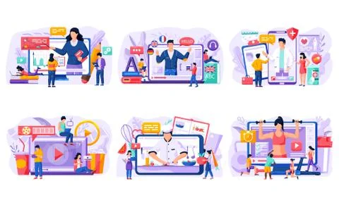 Online learning set. E-learning school people using laptop, tablet and Stock Illustration