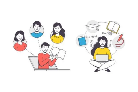Online Learning with Student and Teacher Engaged in Virtual Classes Outline 스톡 일러스트